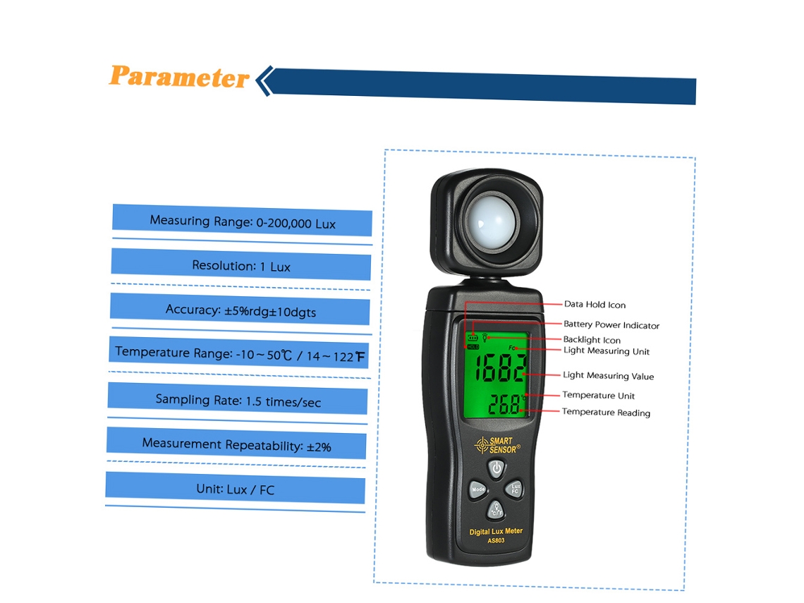 Mini Medidor De Lux Digital Lcd De Mão 0-200000 Lux Com Backlight E Funções Max/min