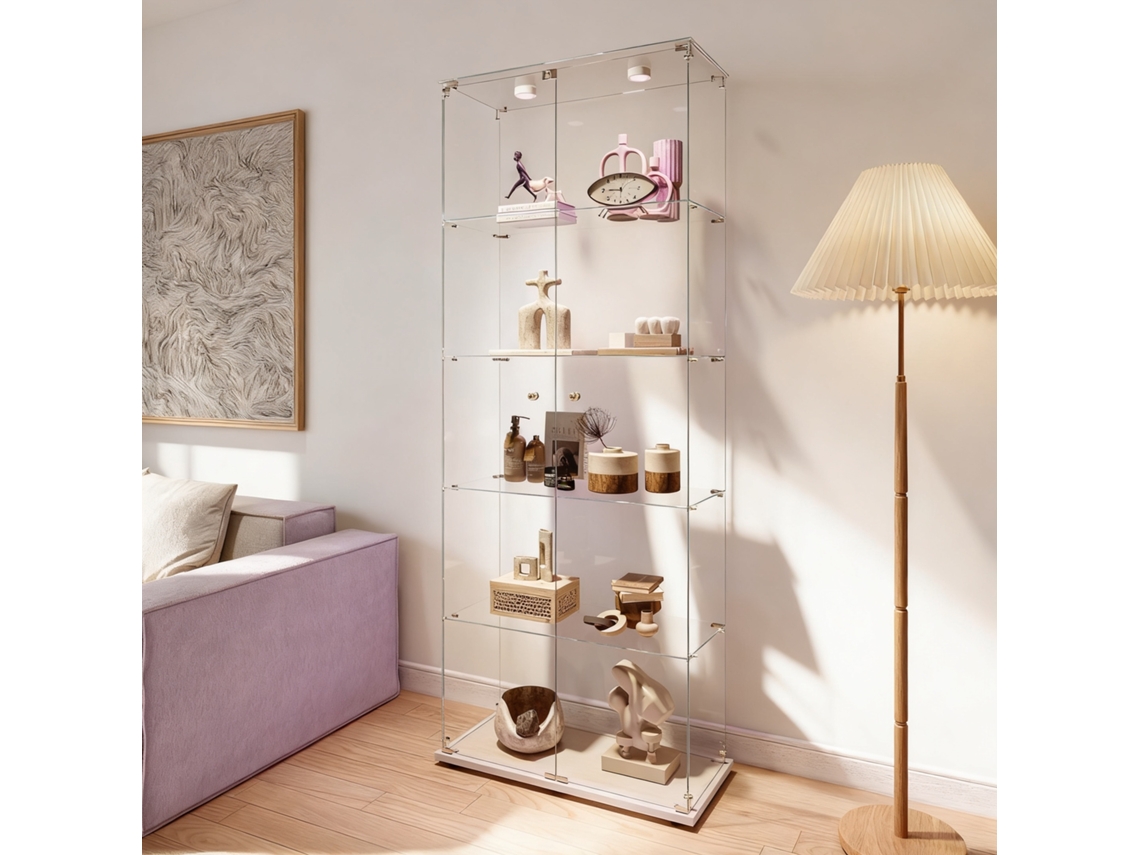 Vitrine de Vidro 186,5x78,5x34,5cm, 5 Prateleiras, Luz LED, Branca ROSAHQNDA