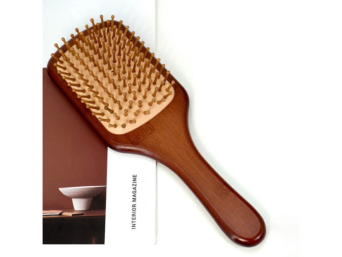 Pente de Bambu com Dentes Largos e Bolsa de Ar, Massageia Suavemente o Couro Cabeludo. MDUG (quadrado Marrom Café 2)