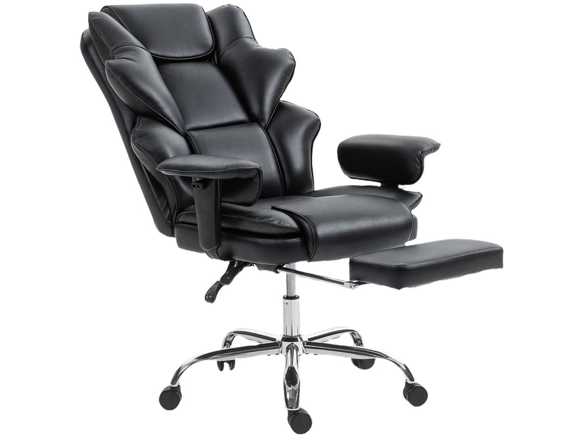 Cadeira De Escritório Com Apoio Para Os Pés E Para A Cabeça, Em Couro Pu, Espuma E Metal, 76x73x117-125 Cm, Preta.ergonômica E Confortável, Com