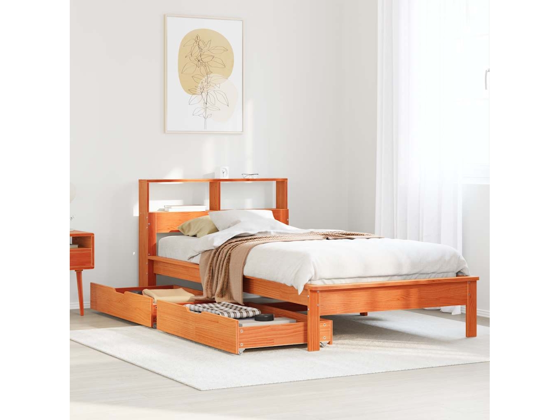 Cama Com Estante Sem Colchão 90x200cm Pinho Maciço Castanho-mel