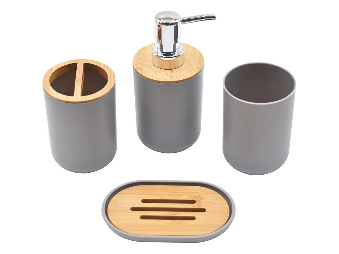 Kit de Banheiro Nova Line, Bambu, Cinza, 4 Peças, Estilo Nórdico | S/MARCA
