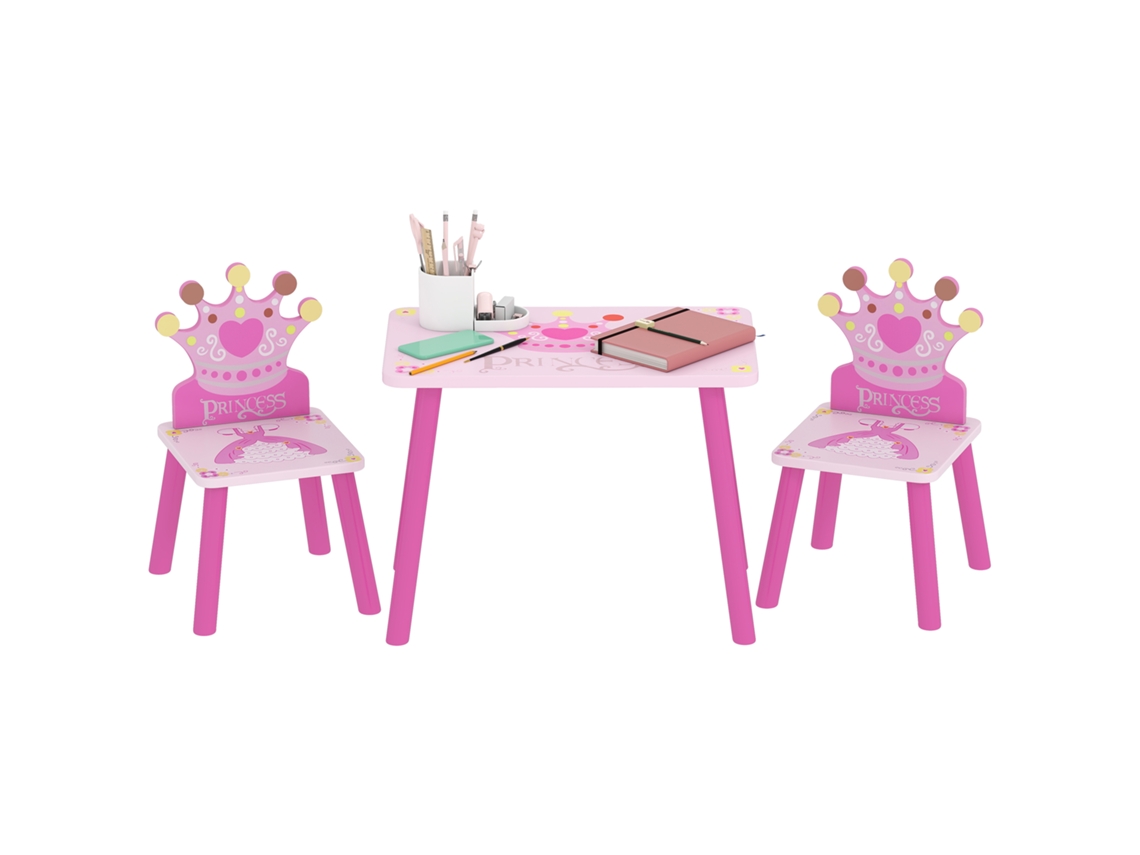 Madeira Rosa Com Encosto Em Formato De Coroa, Conjunto De Mesa E Duas Cadeiras Com Tema De Princesa Para Quartos Infantis