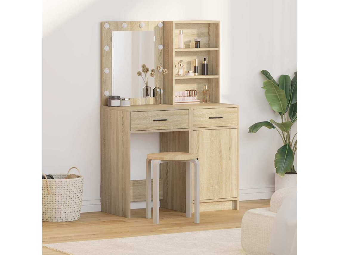 Vidaxl Conjunto De Mesa De Maquiagem Com Led 2 Unid. Carvalho Sonoma