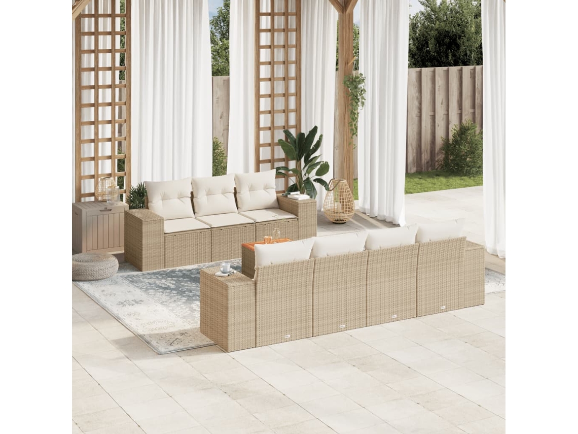 Vidaxl 8 Pcs Conjunto De Sofás P/ Jardim Com Almofadões Vime Pe Bege
