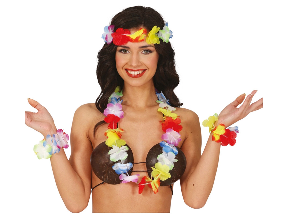 Kit Havaiano Multicolor Colar, cocar e pulseiras