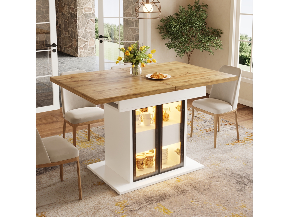 Mesa De Jantar Extensível Com Arrumação E Iluminação Led Rgb 110–140cm, Portas Corrediças Envidraçadas, Puxadores Discretos Branco E Preto