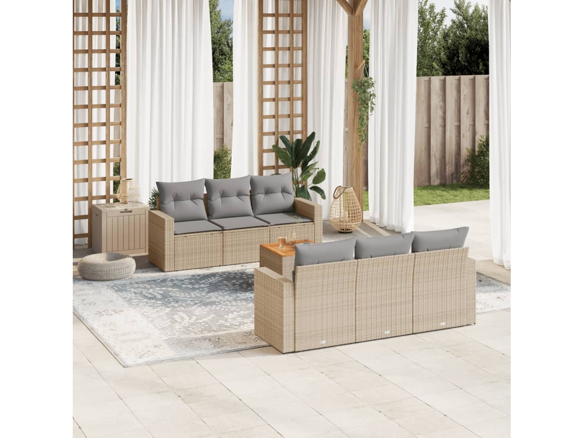 Vidaxl 7 Pcs Conjunto De Sofás P/ Jardim Com Almofadões Vime Pe Bege