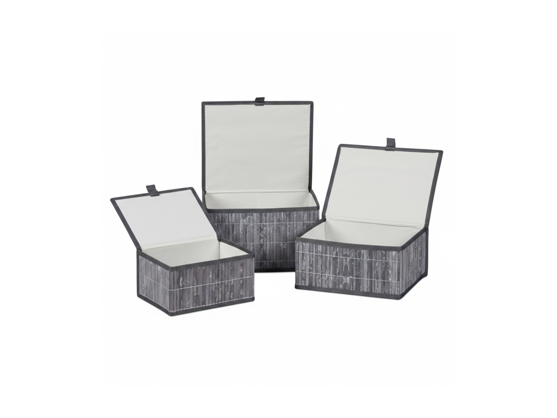 Relaxdays Conjunto De 3 Cestos De Arrumação Com Tampa E Forro Em Tecido, Bambu, 3 Tamanhos, Cinzento