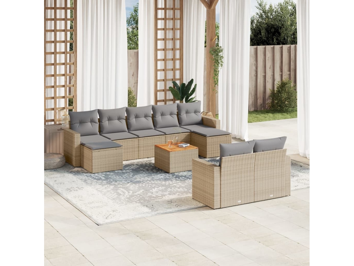 10 Pcs Conj. Sofás Jardim C/ Almofadões Vime Pe Bege Misturado Dkd Home Decor
