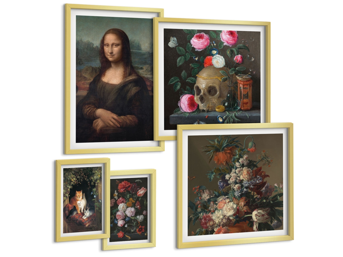 Galeria De Pinturas Murais Formas Abstratas De Plantas Moldura Prateada Quadros Para O Escritório Espelharte (conjunto De 5 Imagens)