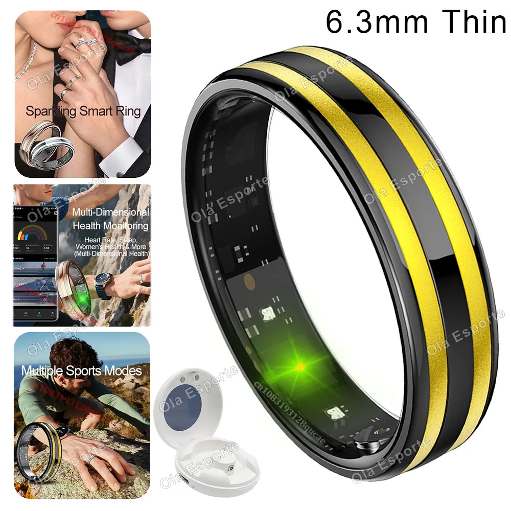 Anel MDUG para temperatura, frequência cardíaca, sono, amarelo, com estojo, Tamanho 8