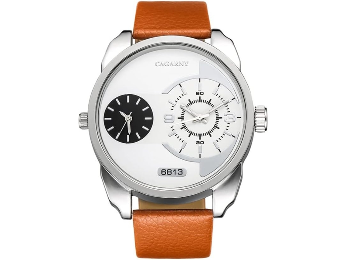 Lurelia Relógio Masculino, Movimento De Quartzo, Duplo Fuso/mostrador, Couro, Branco, Dourado