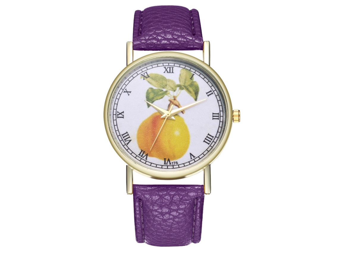 Relógio de quartzo casual unissex Zhoulianfa com pulseira de couro PU e mostrador com desenho de frutas (roxo)