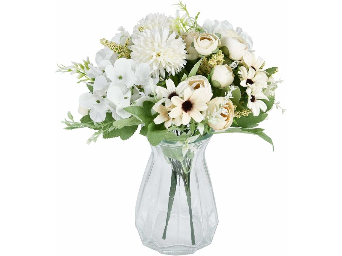 Buquê de Flores Artificiais com 2 Peças de Peônias Brancas Artificiais, Hortênsias e Cravos. AQUAFORGE