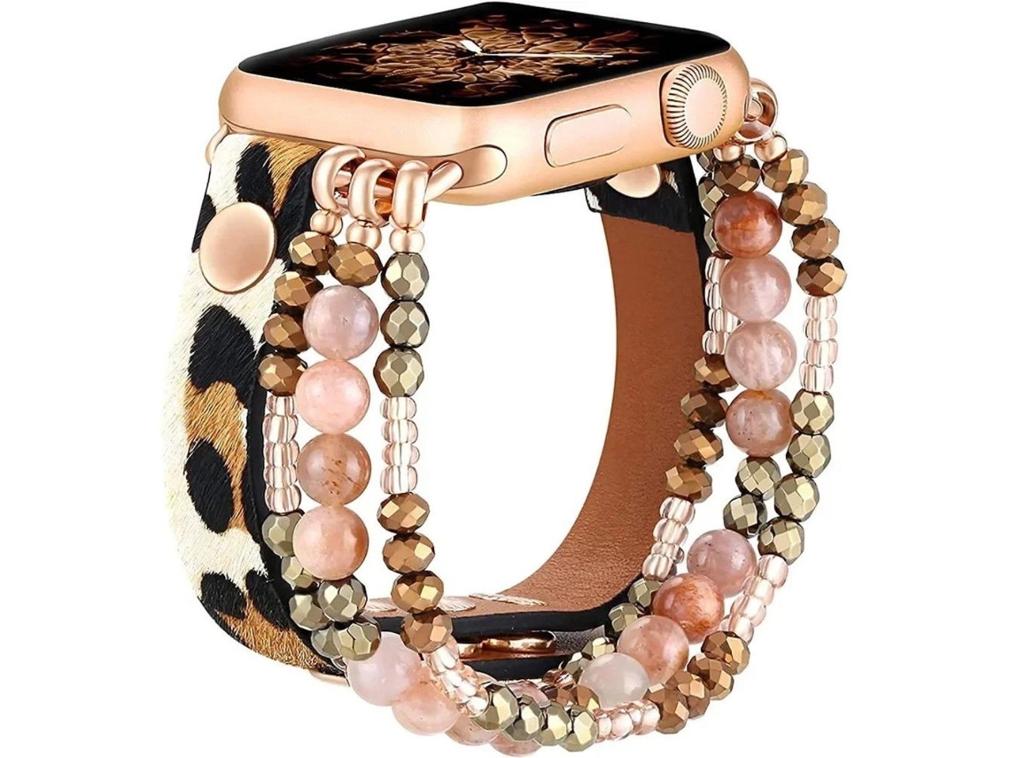 Pulseira Pele com Pedras para Apple Watch Series 5 44mm ORYSIN com Design de Leopardo, Resistente e Elegante
