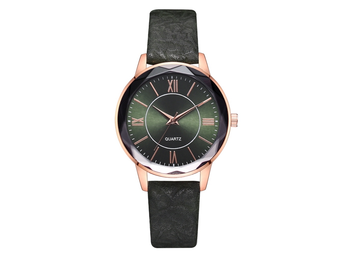 Relógio de pulso feminino de quartzo com pulseira de PU, mostrador redondo, estilo casual (verde)