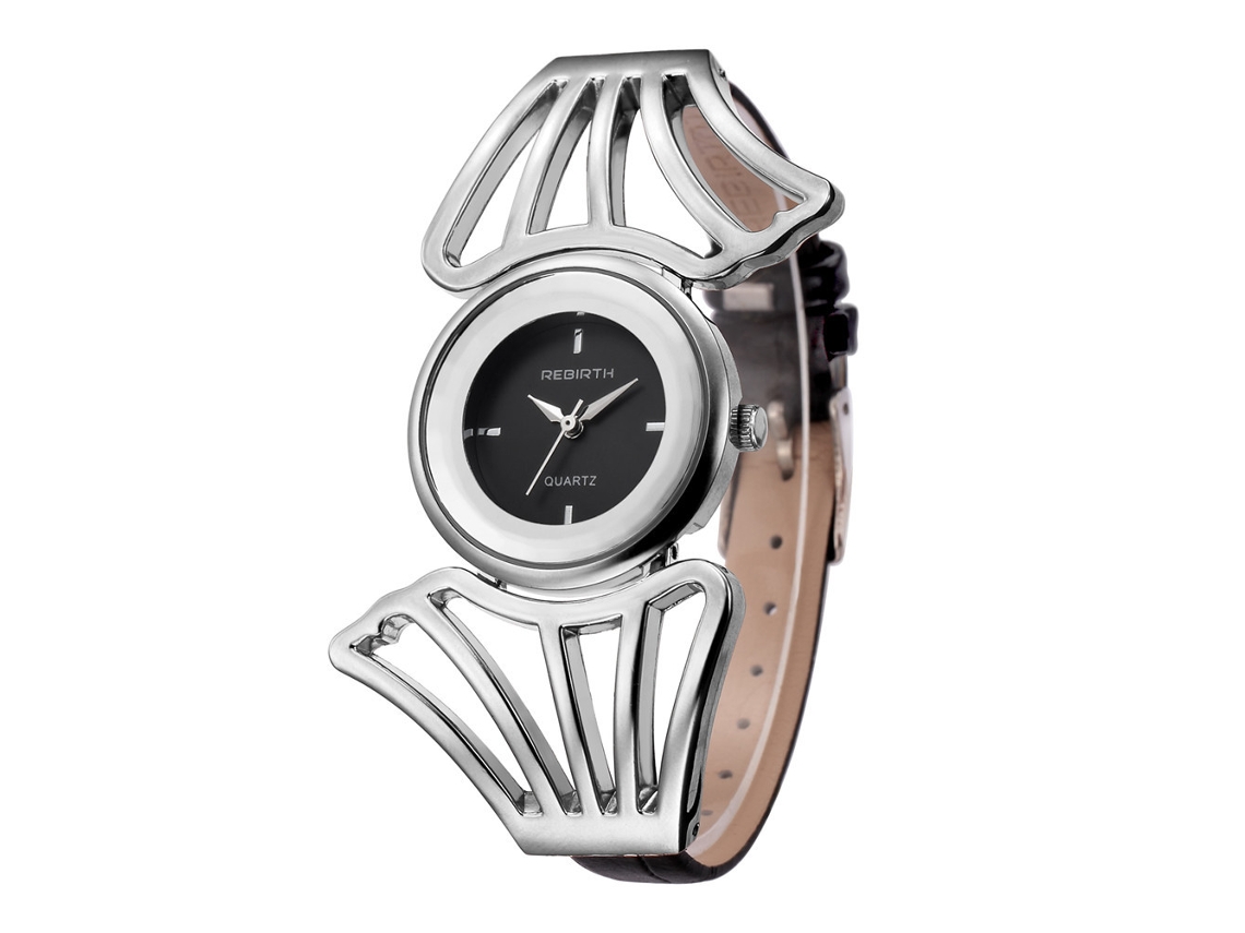 Relógio de Pulso Feminino Casual de Quartzo com Pulseira Pu Rebirth Branco Preto Presente