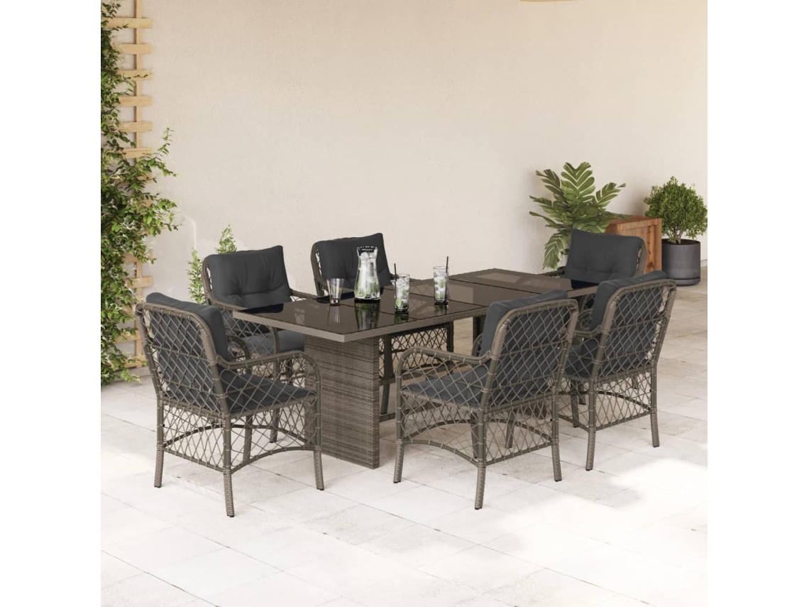 Conjunto 7 Peças Jantar P/ Jardim C/ Almofadões Vime Pe Cinza Dkd Home Decor