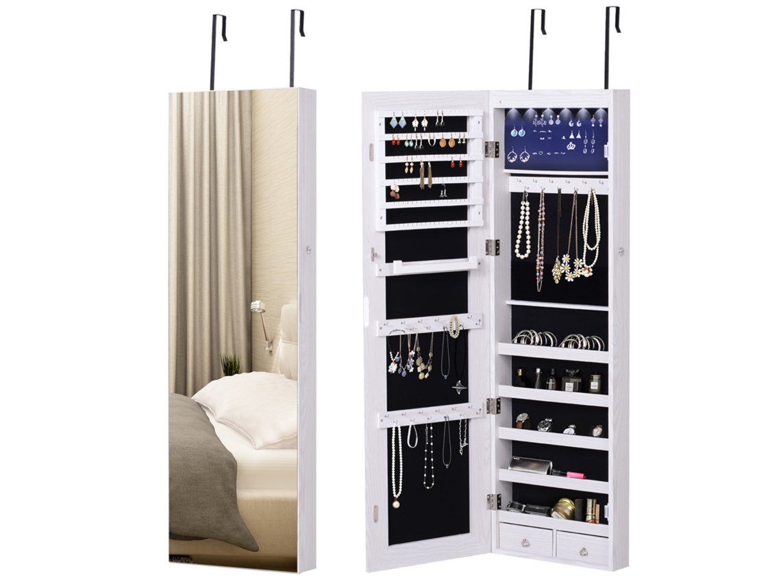 Armário De Joias Para Parede Ou Porta Com Espelho, Iluminação Led, 5 Prateleiras, 2 Gavetas, 37x10x120cm, Efeito Madeira Cinza.