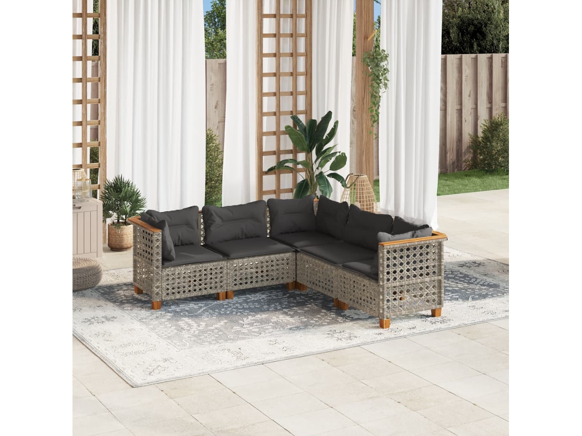 Vidaxl 5 Pcs Conjunto Sofás De Jardim C/ Almofadões Vime Pe Cinzento