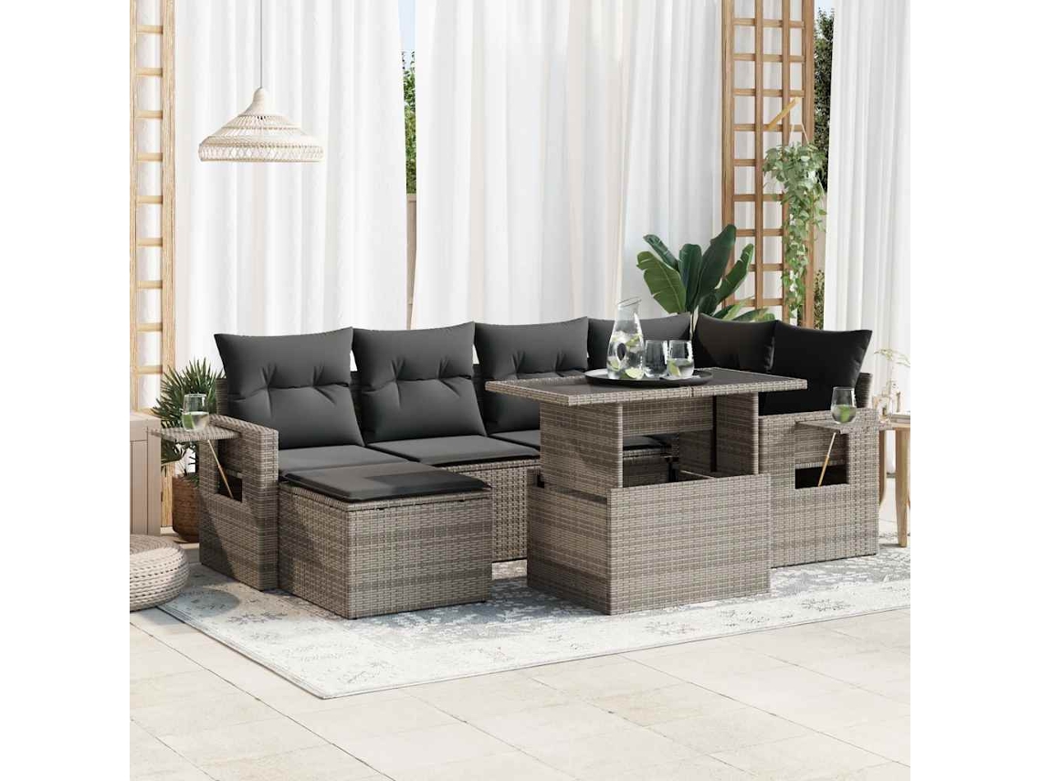 Vidaxl 7 Pcs Conjunto Sofás P/ Jardim C/ Almofadões Vime Pe Cinzento