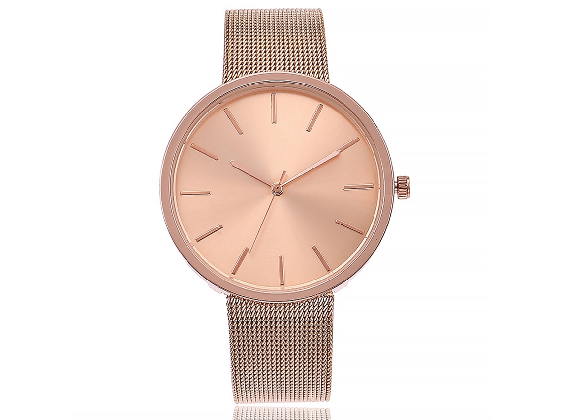 Relógio de Pulso Feminino Simples Elegante com Pulseira Template e Movimento de Quartzo Ouro Rosa