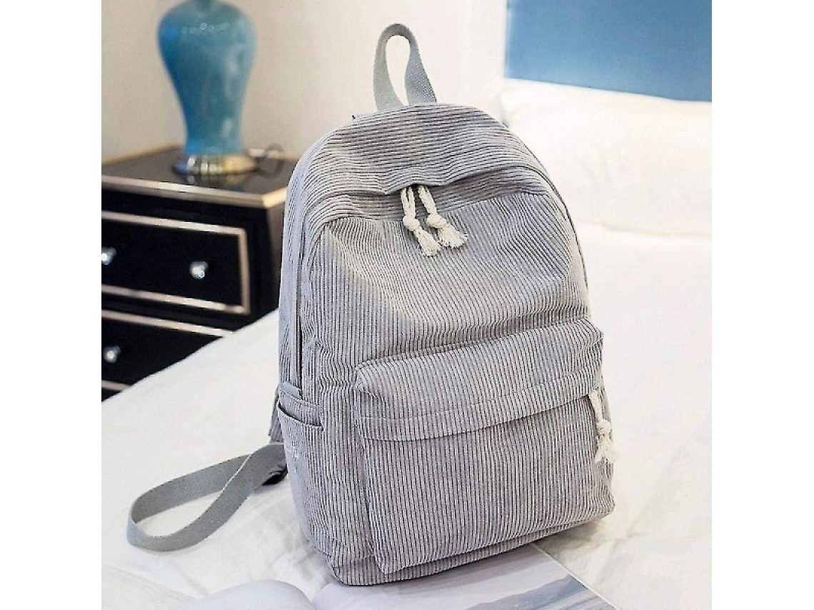 Mochila escolar de veludo cotelê para adolescentes e mulheres com design listrado, estilo casual, capacidade de 20 a 35 litros, lona leve, colorida e resistente.
