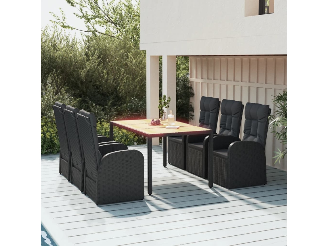 Vidaxl 7 Pcs Conjunto De Jantar P/ Jardim C/ Almofadões Vime Pe Preto