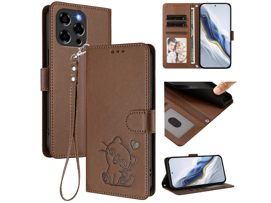 Capa De Couro Para Celular Com Estampa De Coração De Gato E Alça De Mão