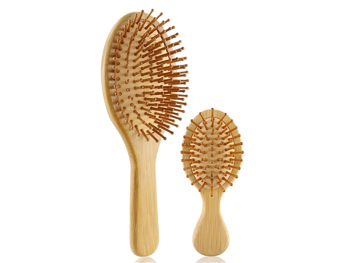 Conjunto de 2 Peças de Escovas de Cabelo de Bambu com Escova Desembaraçadora de Remo e Mini Escova Viagem Escova de Cabelo de Madeira NJEDBESETZT