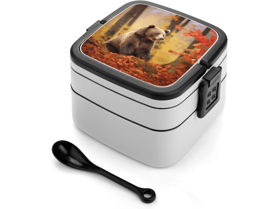 Marmita Bento De Duas Camadas Com Estampa Urso Marrom, Perfeita Para O Outono Design Moderno, Minimalista E Empilhável