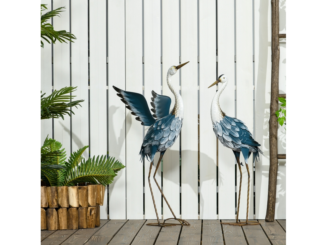 Conjunto de 2 Estátuas de Jardim Exterior Escultura de Garça em Aço para Lago, Pátio, Terraço, Relva, 74/70cm Multicolorido