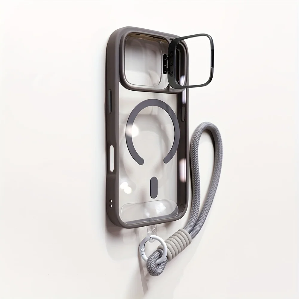 Capa Transparente Magnética Para Iphone 13 Pro (cinza) Com Suporte Para Lente E Alça De Pulso Magsafe.