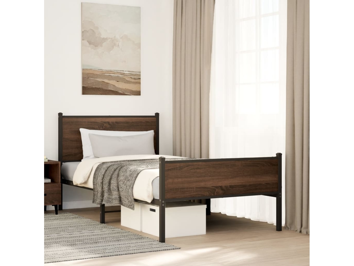 Estrutura De Cama Sem Colchão 107x203cm Metal Carvalho Castanho