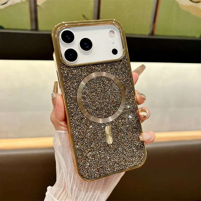 Capa Para Celular Com Carregamento Sem Fio Magnético (dourada, Iphone 17 Pro Max) Com Moldura De Metal Eletrogalvanizado.
