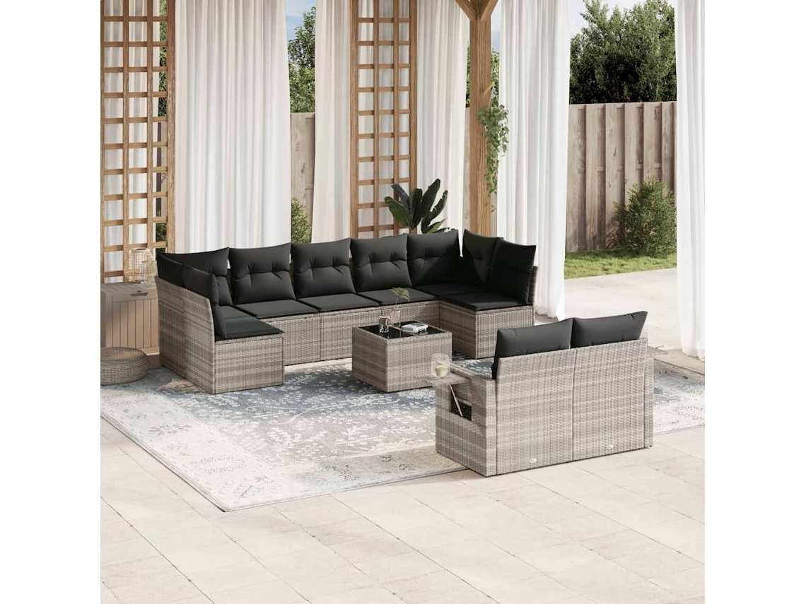 Conjunto 10 Peças Sofás De Jardim Com Almofadões Vime Pe Cinzento Claro Dkd Home Decor