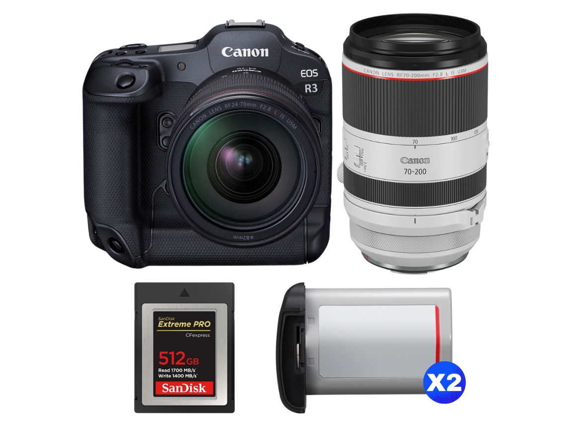 Eos R3 + Rf 24 70mm F/2.8 L Is Usm + Rf 70 200mm F/2.8 L Is Usm + 1 Sandisk 512gb Extreme Pro Cfexpress Type B + 2 Canon L + Ebook Pricedirect CANON