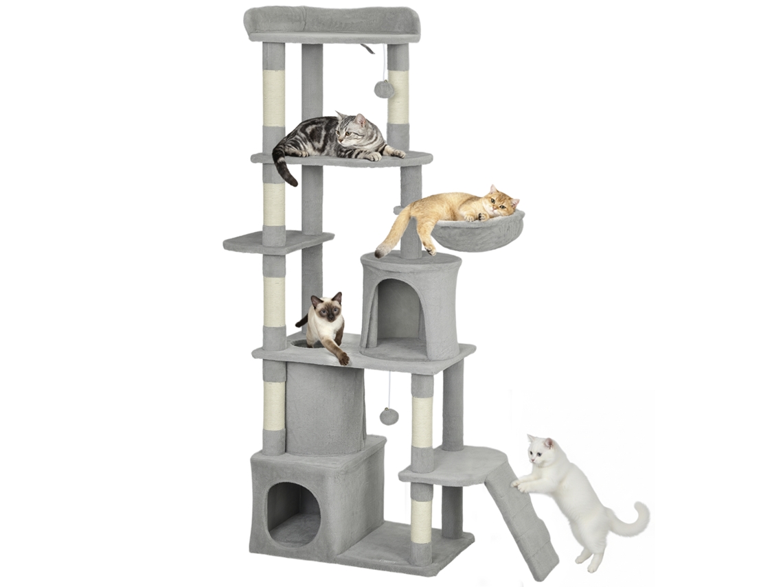 Árvore de gatos, torre de brincadeiras, com 7 arranhadores, plataformas, túneis, pompons, 170 cm, cinza escuro | S/MARCA