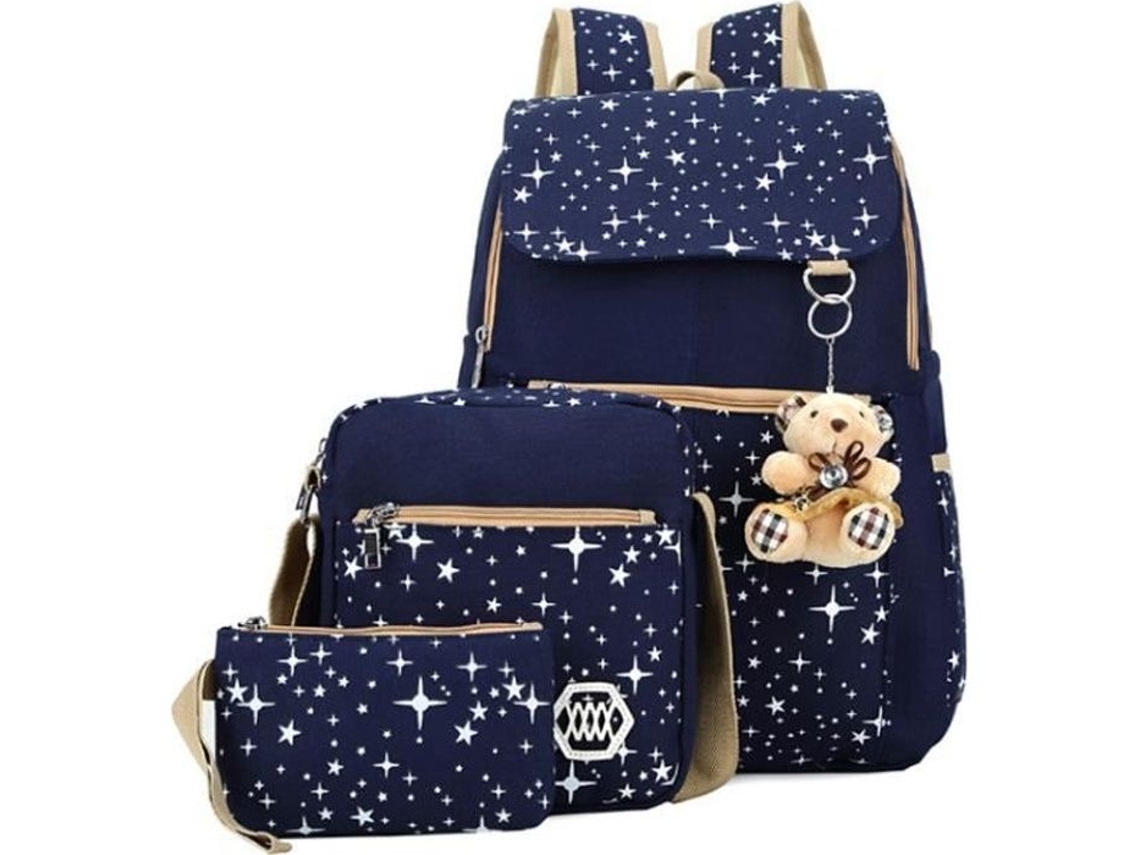 Conjunto De Mochila Escolar Mochila Menina Urso Estrela Bolsa Escolar Escola Secundária Bolsa De Viagem De Lona Azul 3 Un*