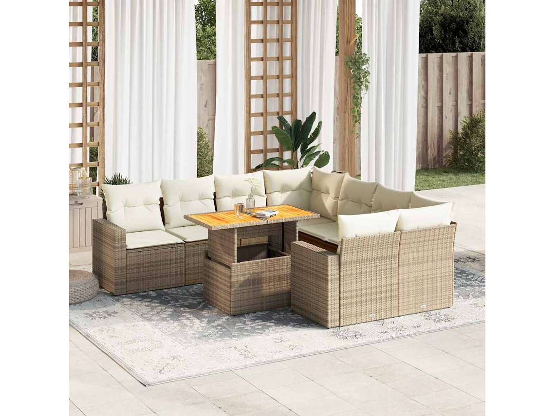 Vidaxl 9 Pcs Conjunto De Sofás P/ Jardim Com Almofadões Vime Pe Bege