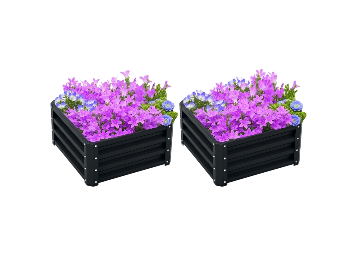 Conjunto De 2 Canteiros Elevados Para Jardim, Hortas E Flores, Aço Galvanizado, 60 X 60 X 30,5 Cm, Cinzento