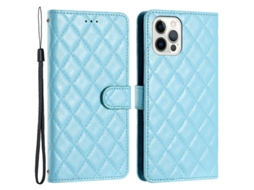 Funda de couro para iPhone 12 Pro Max com textura de rombo, suporte e fecho magnético, azul céu