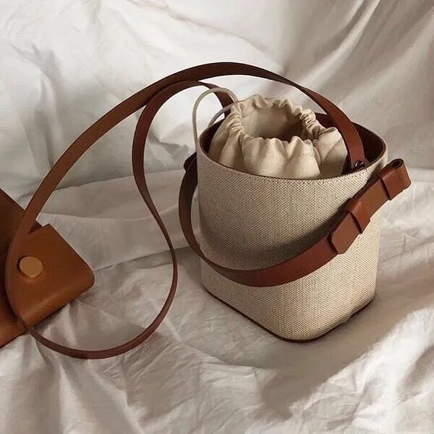 Bolsa Transversal Feminina De Lona Marrom Claro, Estilo Saco, Para Praia.