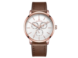 Relógio masculino de quartzo com pulseira de couro, resistente à água até 3 ATM, mostrador com três indicadores (branco/rosa)