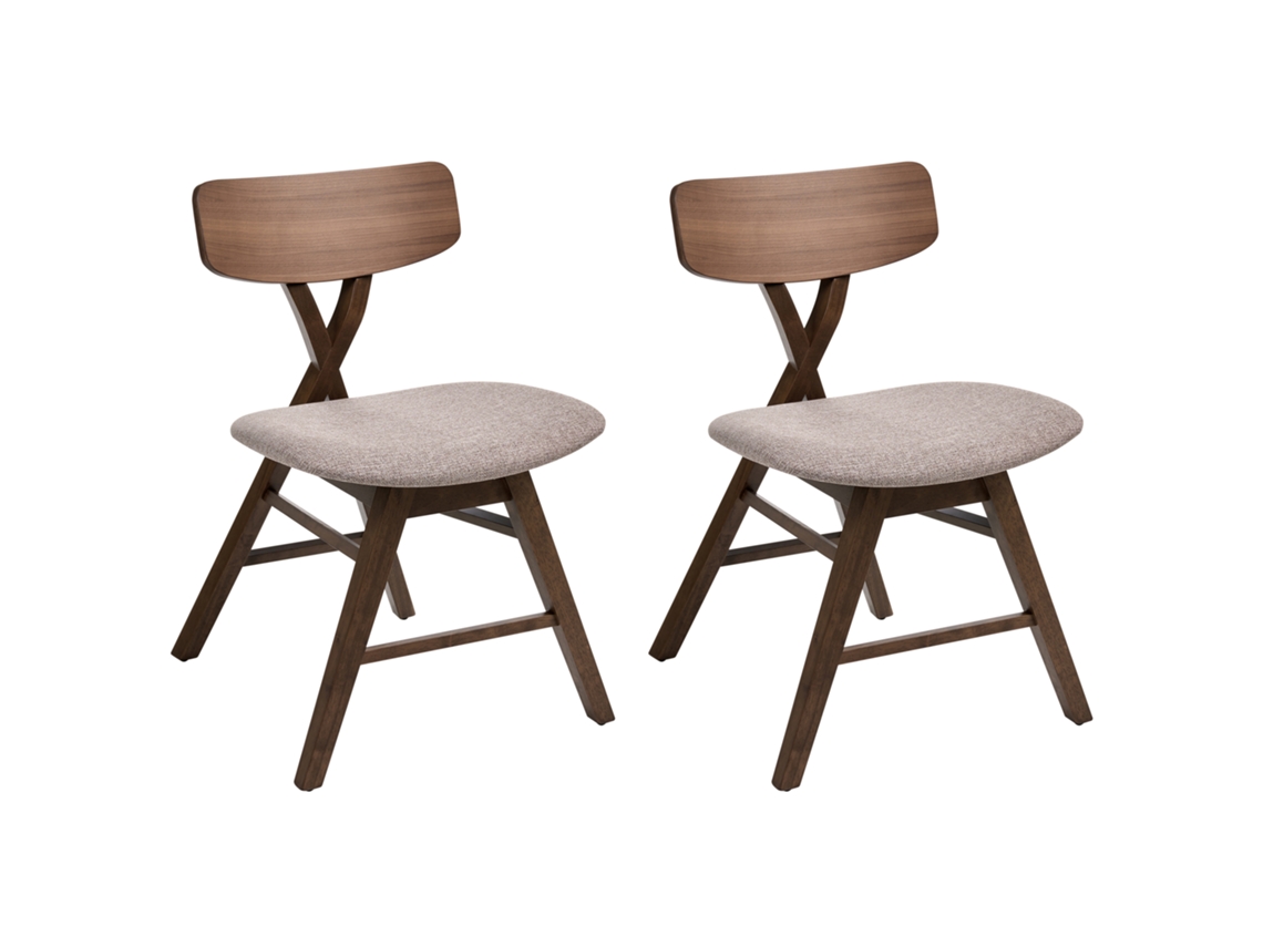 Conjunto De 2 Cadeiras De Refeição Com Assento Almofadado Beliani Leland De Madeira De Seringueira Castanho/taupe 52x57x78