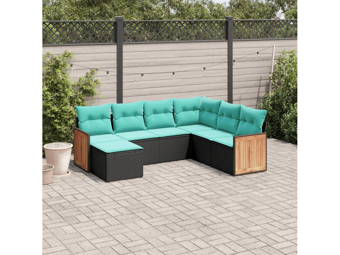 Vidaxl Conjunto De Sofá De Jardim Com 7 Peças E Almofadas Em Rattan Sintético Preto