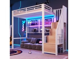 Cama alta 90x200 cm com roupeiro, escada com arrumação, LED 7 cores, espaço inferior, estrutura metálica branca VSOGA