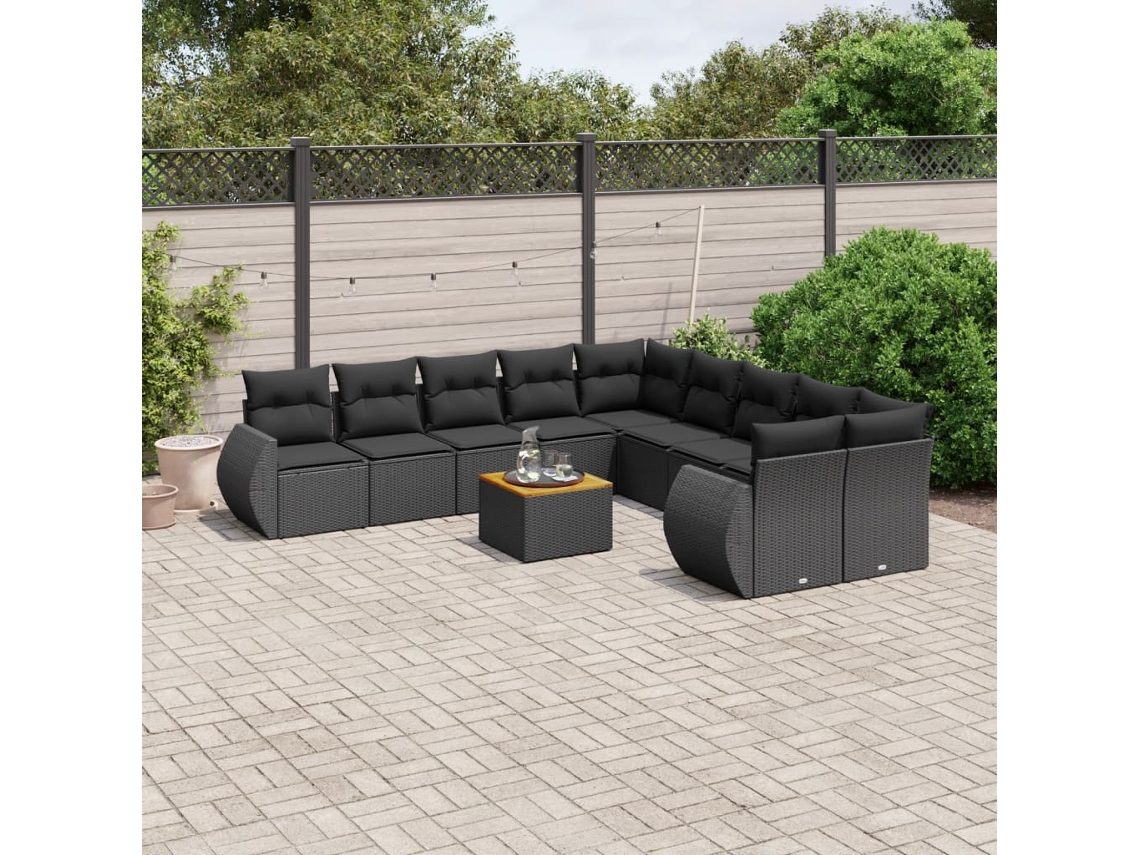 Vidaxl 11 Pcs Conjunto Sofás De Jardim C/ Almofadões Vime Pe Preto