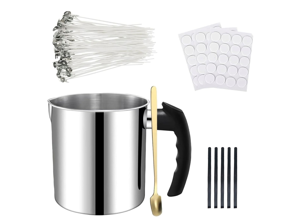 MEOIRUERY Jarra Para Despejar Velas Com Alça Resistente Ao Calor, Pote De Aço Inoxidável Fácil De Limpar, Suporte Para Pavio Para Iniciantes, Kit Para Fazer Vel